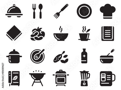 Set of 20 glyph style cooking and food icons for culinary themes
