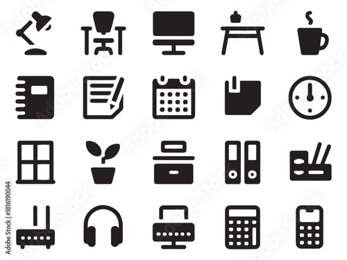 Collection of 20 minimalist office and technology glyph style icons for business and work