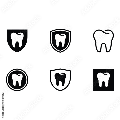 Collection of tooth icons and shields for dental branding