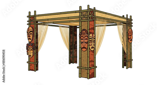 Bamboo-themed decorative structure with tribal masks, perfect for an indian wedding mandap.