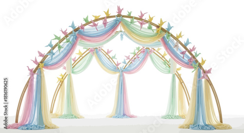Colorful, pastel archway with origami birds is perfect for Indian wedding decorations, photo backdrops, and social media content.