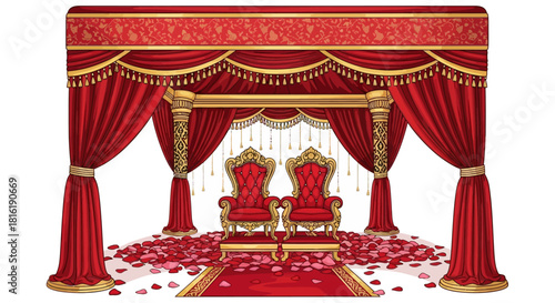 Ornate Red & Gold Indian Wedding Mandap. Shows romantic Indian wedding decoration. Can be used for event design, poster template, greeting cards, and creative invitations.