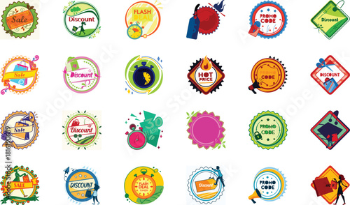 Colorful Sale and Discount Badges Icon Set — Flash Sale Tags, Special Offer Labels, Promo Stickers, Price Badge Emblems for Marketing and Ecommerce Advertisement