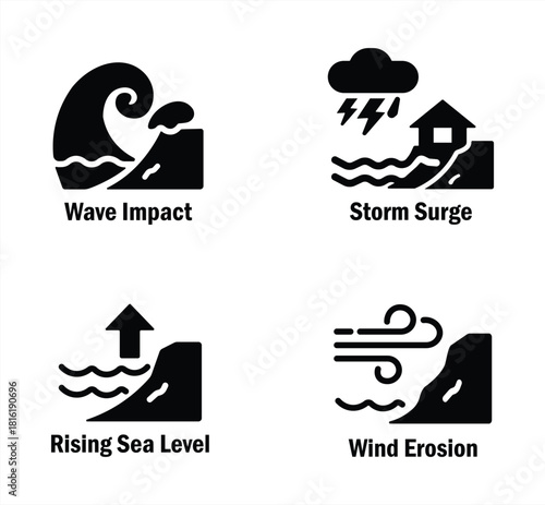 Coastal erosion solid icon set. Wave impact, storm surge, rising sea level, wind erosion pictogram. Climate change, global warming, natural disaster vector collection for infographics