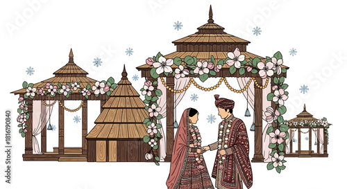 Illustrative, brown mandap with pink flowers showcases an Indian wedding couple holding hands; branding, backgrounds, and greeting cards.