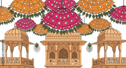 Colorful India Wedding Decoration: Mandap illustration features vibrant umbrellas and peacock feathers on a white background for branding, social media, and wedding design.
