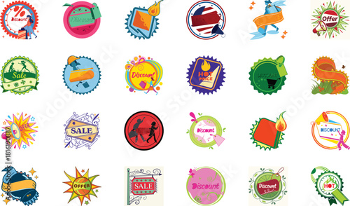 Colorful Sale and Discount Badges Icon Set — Flash Sale Tags, Special Offer Labels, Promo Stickers, Price Badge Emblems for Marketing and Ecommerce Advertisement