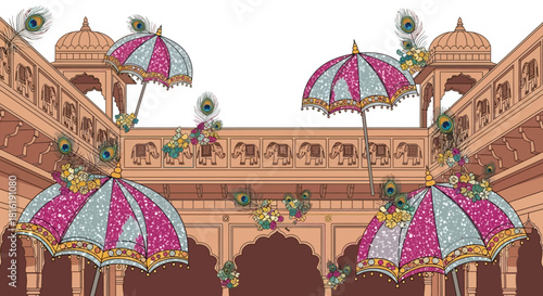 Ornate tan palace and pink umbrellas with flowers creates an Indian wedding backdrop. For wedding photography, videography, and cultural event promotion.