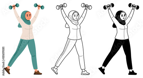 Young muslim woman wearing hijab doing fitness exercises isolated flat vector illustration