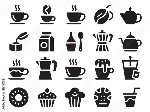 Collection of coffee and tea icons with baked goods and beverages