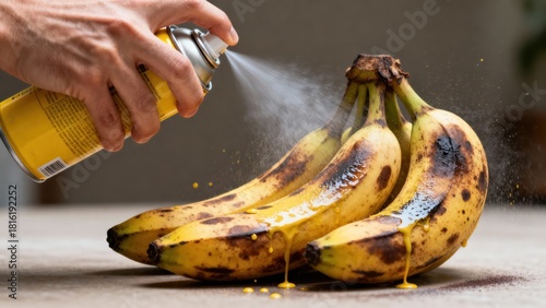 Rotten bananas with dark spots rest on yellow surface near hand holding spray can. Urban artistic concept contrasts decay with bold color and creative expression.
