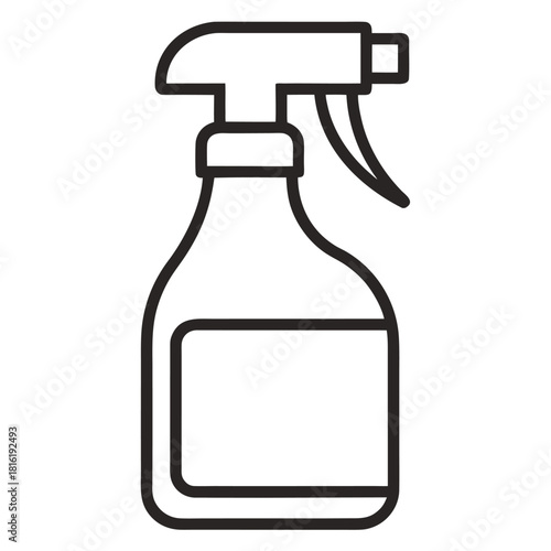 A minimalist black and white line art illustration of a spray bottle with a label area.