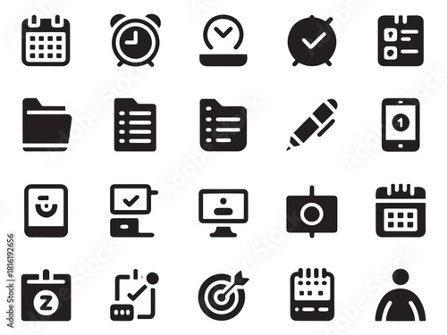 Collection of glyph style icons representing productivity time management and business concepts