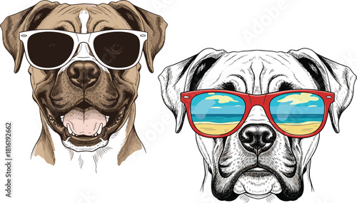 Hand drawn vector illustration of cool boxer dogs wearing sunglasses, funny puppy portraits isolated on white, summer vacation vibe, fashion pet accessories, sketch style.