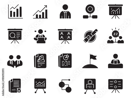 Diverse business and data icon set for presentations and reports symbolizing growth and strategy