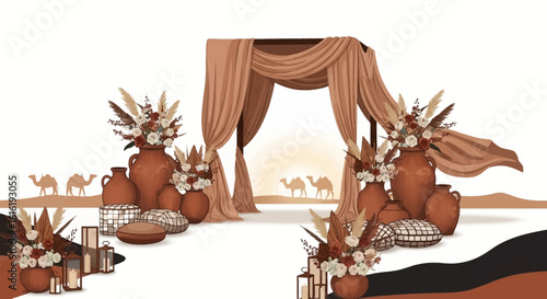 Terracotta desert scene with draped mandap. Backdrop for Indian wedding, social media, or product display.
