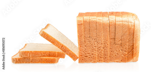 Freshly sliced white bread loaf displayed on a clean white background, showing soft texture and golden crust