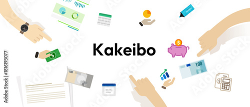 Kakeibo Japanese budgeting method concept hands interacting with financial icons mindful saving personal finance management and tracking expenses