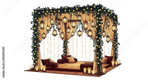 Golden fabric and green leaves create a glowing Indian wedding mandap illustration. Perfect for wedding invites, Indian wedding backdrops, and social media use.