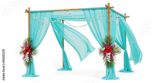 Turquoise fabric drapes bamboo structure, styled for Indian wedding. Features floral accents, shell garlands. Use for event backdrop, product display, social media.