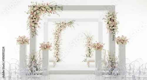 White floral archway shines; soft light enhances the wedding setting. Ideal for backdrop, staging, or Indian wedding decoration.
