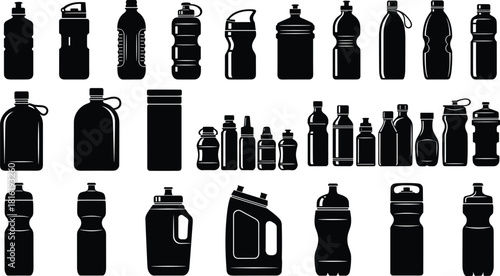 Huge collection of black bottle silhouettes, featuring sports water containers, plastic packaging, industrial jerry cans, and beverage icons, isolated vector illustration design
