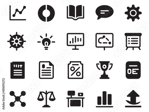 Collection of 20 glyph style business icons for digital presentations and projects