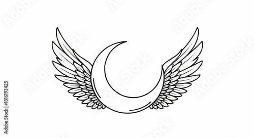 Crescent moon with elegant feathered wings illustration.