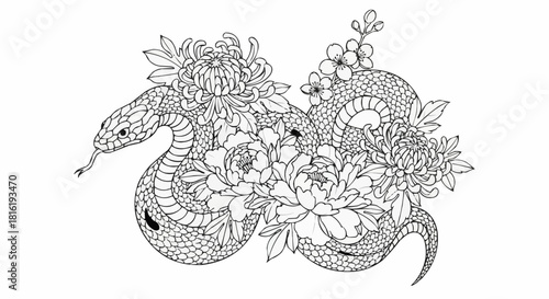 Intricate Line Art of a Snake Coiled Among Blooming Flowers.