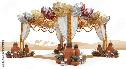 Colorful Indian wedding mandap with draped fabric, floral garlands, and decorative umbrellas; ideal for branding, presentation, or social media backdrop.