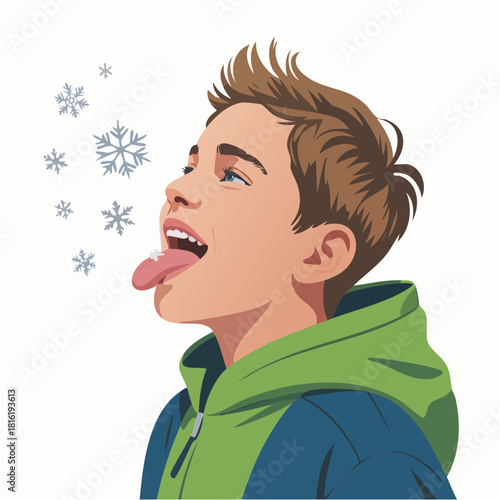 A young boy with a green hoodie catching snowflakes on his tongue in a winter scene.