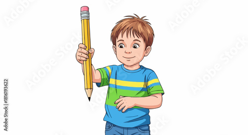 Cute cartoon schoolboy holding a large yellow pencil.