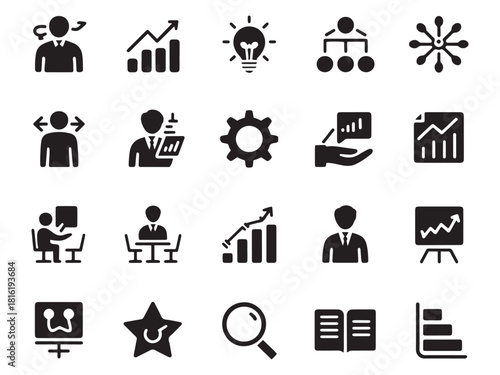 Collection of business and strategy glyph icons for presentations and digital design projects
