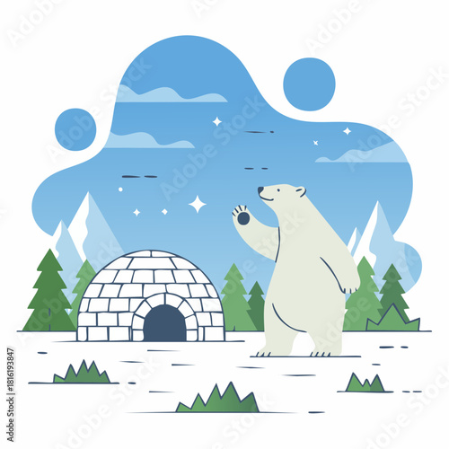 A friendly polar bear waving next to an igloo in a snowy arctic landscape with pine trees and mountains under a blue sky.