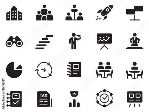 Collection of 20 business and finance glyph style icons for presentations and projects