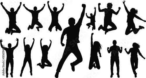 Jumping people silhouettes set vector illustration, happy young friends celebrating success, active men and women having fun isolated on white background.