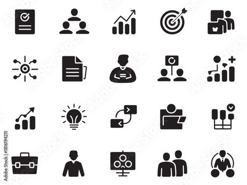 Diverse glyph style icons for business strategy planning and success concepts presented clearly