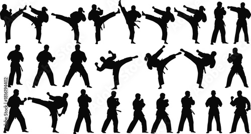 Karate silhouettes vector collection, black martial arts fighters, men kicking and punching, taekwondo sport positions, self defense training, isolated on white background.