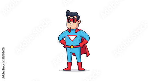 Illustrative superhero character in a confident pose against a stark white background