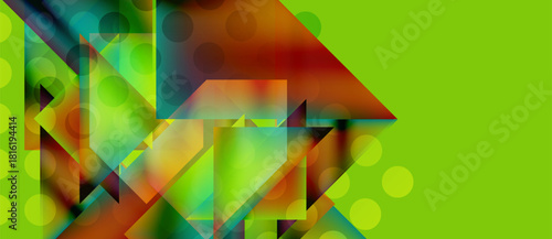 Abstract geometric composition. Vibrant colors blend, creating dynamic shapes. Green dominates right side, contrasting complex left patterns.