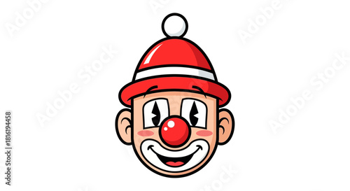 Cartoon clown face with a red nose and hat, isolated against a white background