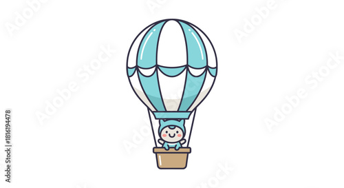 Charming illustration featuring a cheerful character riding in a blue hot air balloon soaring