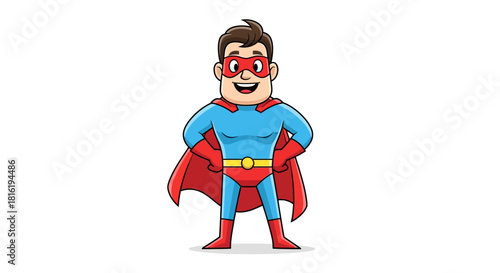 Cartoon superhero character wearing a red mask and cape standing with confidence ready for action
