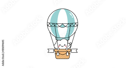 Adorable cloud character on air balloon flight with stripes and basket illustration