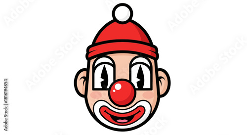 Cartoon Clown Face Illustration with Red Nose and Hat, Suitable for Children's Designs
