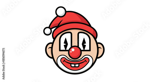 Cartoon clown face with red nose and hat for whimsical design elements and entertainment related