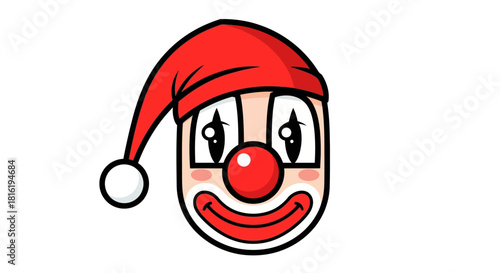 Whimsical Clown Face Illustration with a Festive Red Hat and Playful Expression