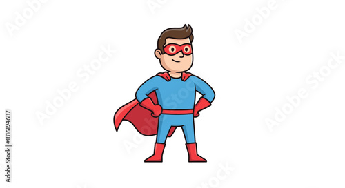 A cartoon superhero character with a red cape and a determined pose in vibrant colors