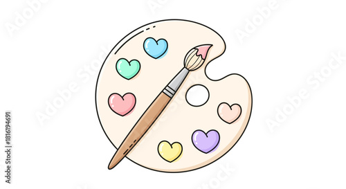 Artistic palette filled with heart shaped paints and a paintbrush on a clean background
