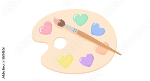Delicate heart shaped watercolors adorning a painter's palette with a paintbrush isolated